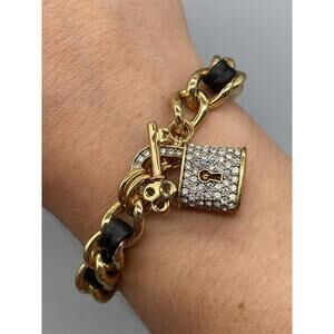 JUICY COUTURE CHAIN & BLACK LEATHER INCERT BRACELET RHINESTONE LOCK & KEY CLASP
